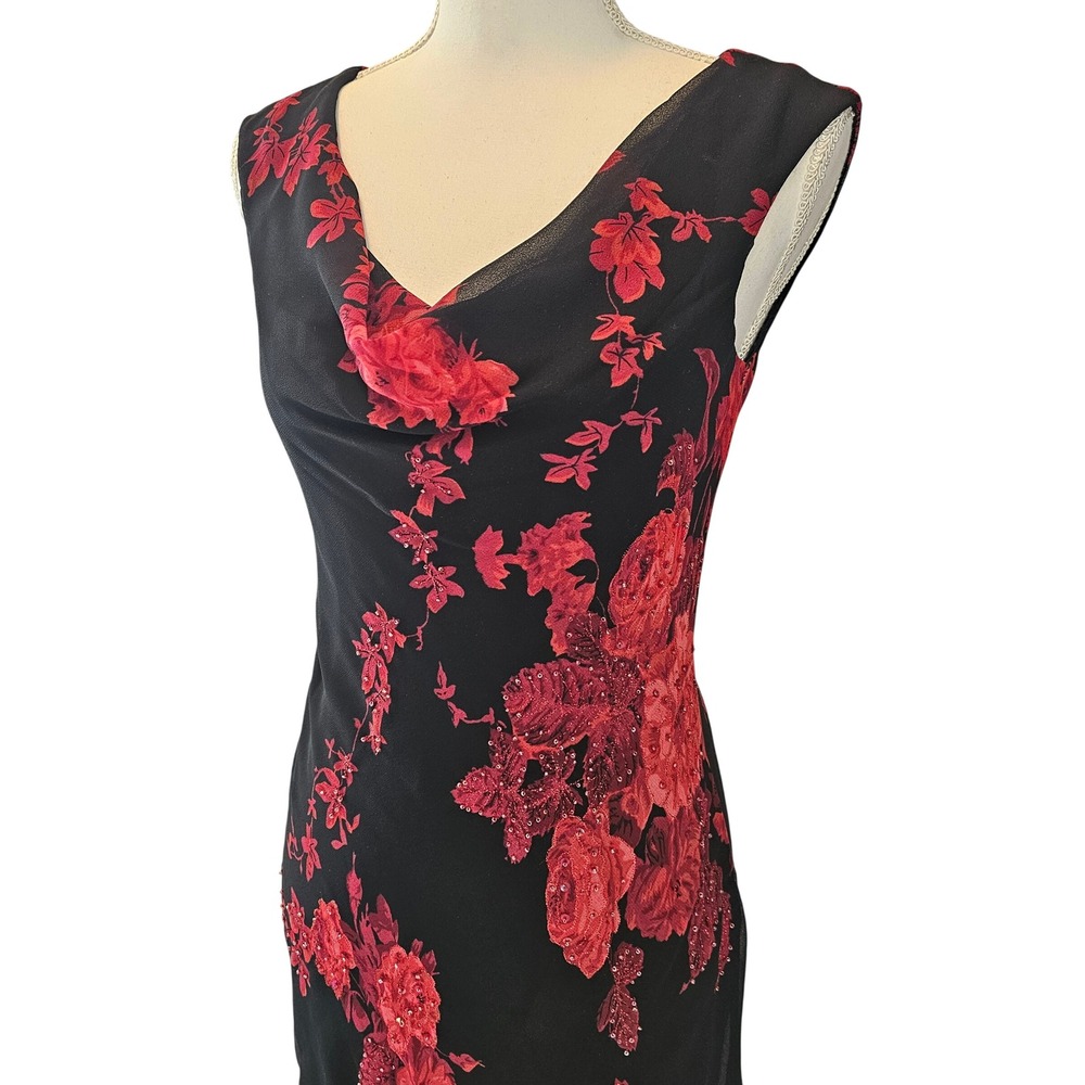 Connected Apparel Red Floral Beaded Hi Low Dress Size Small Romantic Goth Formal - Picture 3 of 12